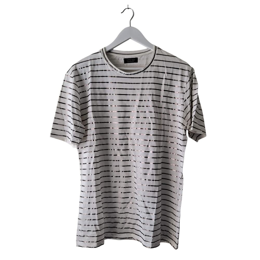 Zara Mans Beige & Silver Stripe Crewneck Short Sleeve T- Shirt - Size L